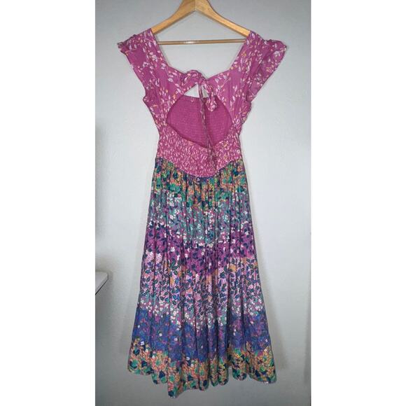 Caroline Constas Floral Smocked Tiered Tie Back Midi Dress Large Cottage Boho - Picture 5 of 10